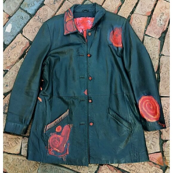Vintage hand painted leather coat; fire, phoenix, red, gift for her sz L - Picture 9 of 12